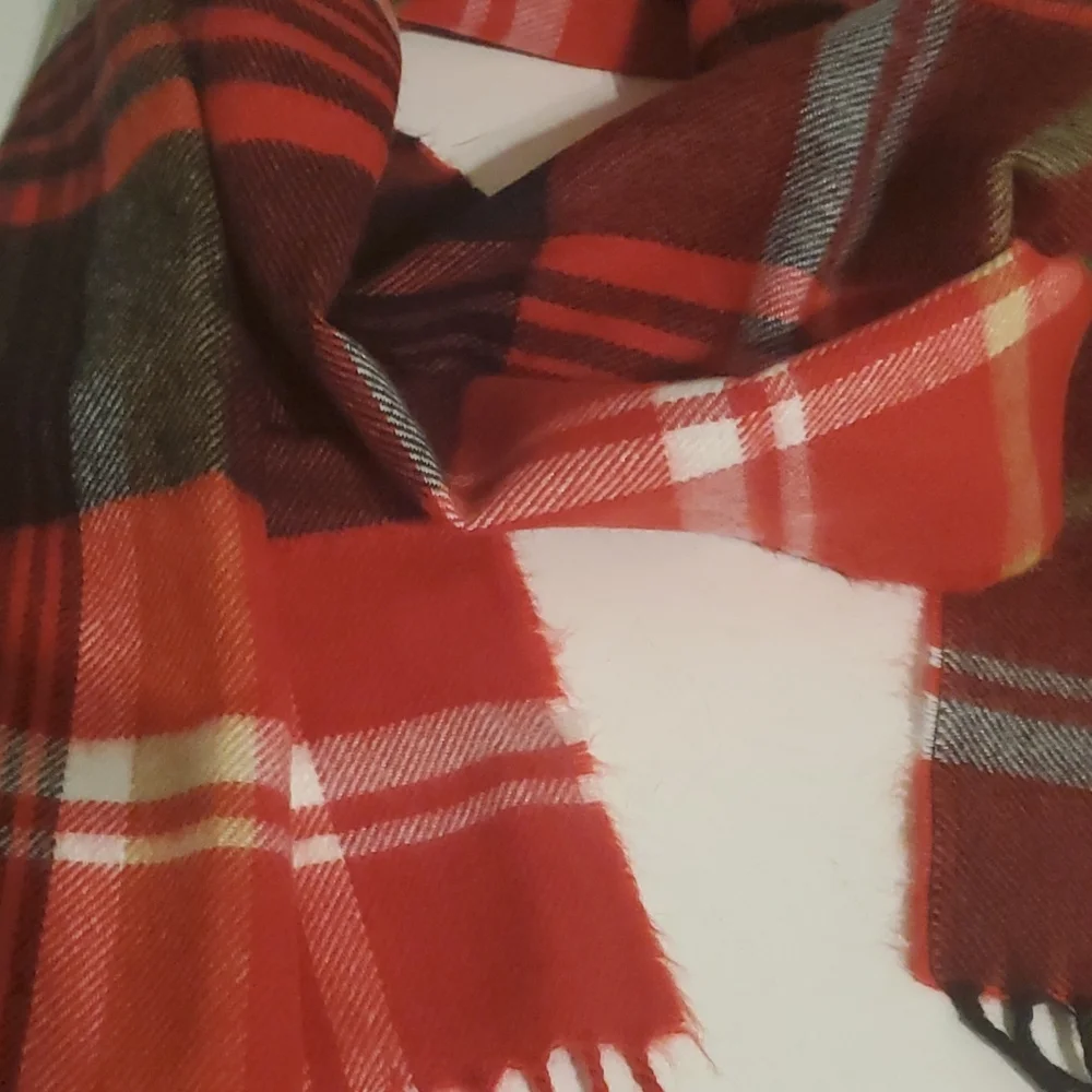 Unisex cashmere red & grey plaid winter scarf